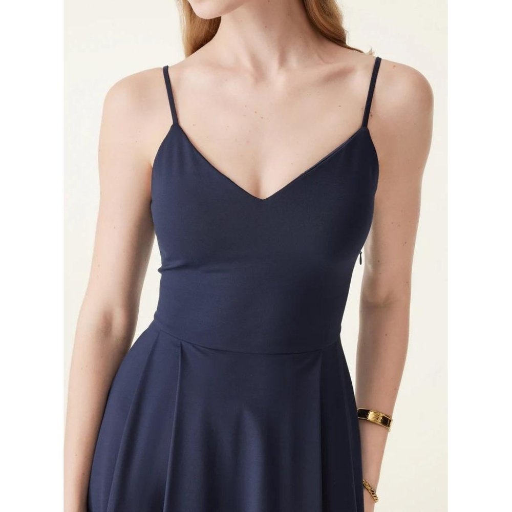 OGL NWT Dress Sleeveless XS Navy Midi Vneck Builtin Bra Sustainable Modern - Picture 3 of 4